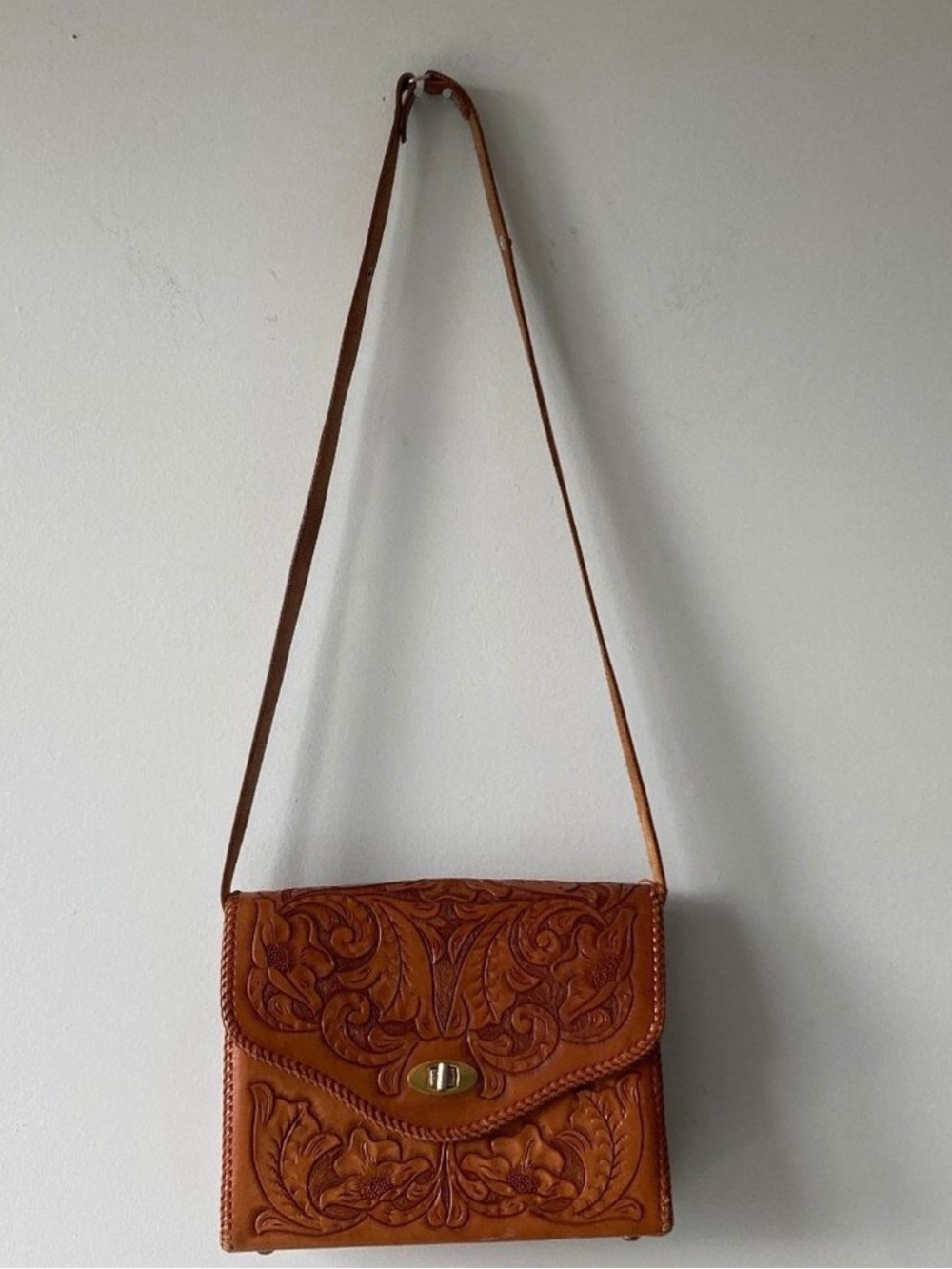 Vintage Tooled Leather purse in Warm Brown with Gold-Tone Hardware